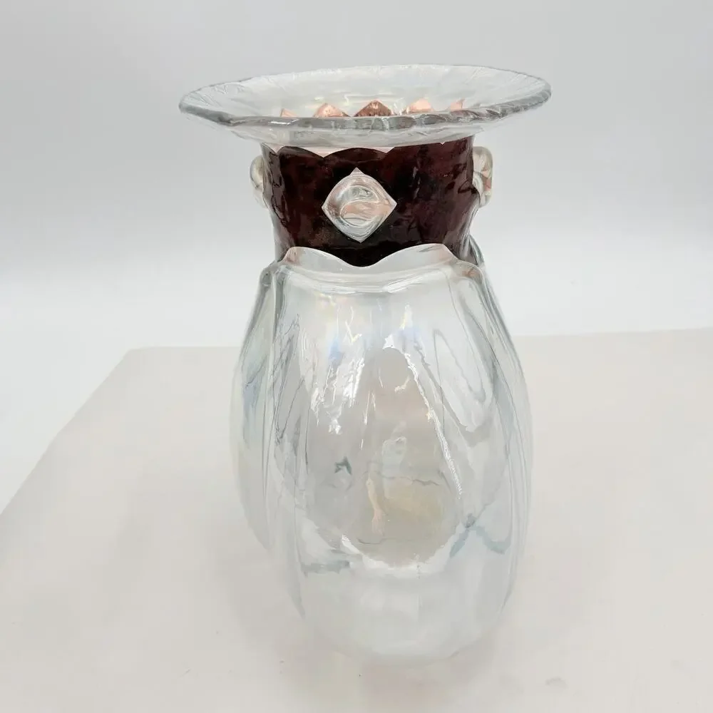 Silvestri Mouth Blown Iridescent Glass Vase with Copper Tone Collar 11.5
